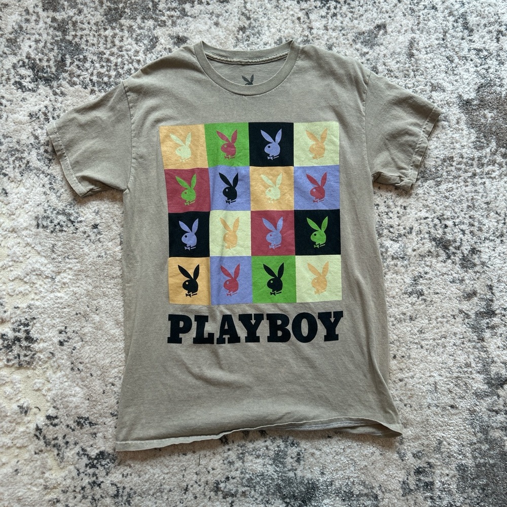 PLAYBOY  Tee - Tan with Colorful Bunny Squares